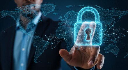 A businessman touches a glowing digital padlock icon superimposed on a global network map for security