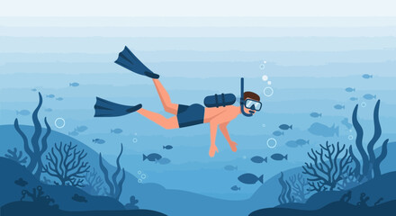 Fototapeta premium Vector Underwater Scene Featuring Scuba Diver Exploring Marine Life With Blue Tones