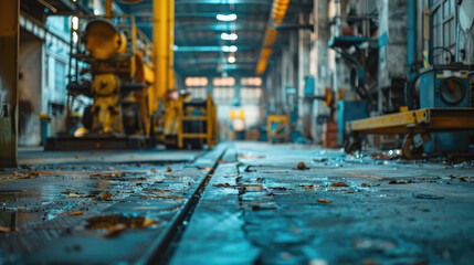 Industrial machinery on a worn factory floor. Production equipment in large manufacturing plant.