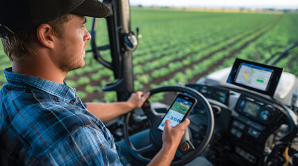 Close-up of a focused young farmer in a tractor cabin, smartphone mounted on the dashboard displaying farm management software. Outside, vibrant fields show signs of careful cultiv