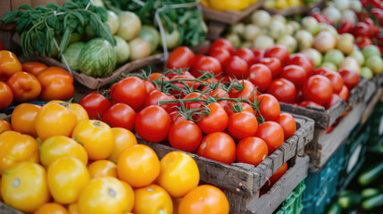 Fresh produce: a vibrant display of tomatoes, squash, and herbs at a local farmers market stall.