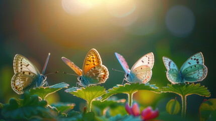 Four butterflies resting atop green leaves, bathed in warm sunlight, creating a serene natural scene.