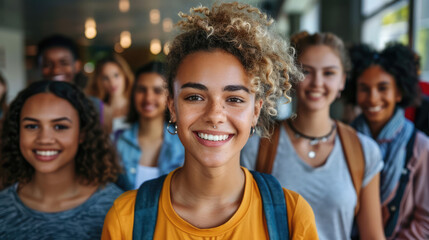 Group of smiling students posing for camera in the school hallway, youthful diversity and happy expression.