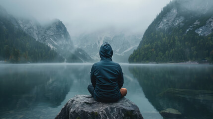 Contemplation by the Lake: A hooded figure sits peacefully on a rock, gazing at the misty mountain view.