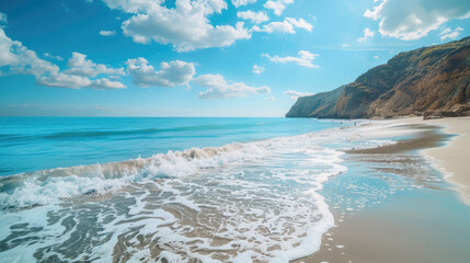 Turquoise ocean meets a sandy shore beneath a partly cloudy sky. Waves break near a headland in the distance.