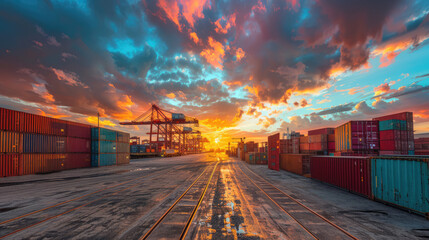 Shipping containers at a port with a striking sunset sky, reflecting on the ground and containers.