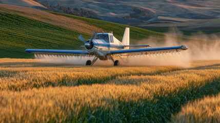 Wide shot of a small agricultural plane flying low over an expansive wheat field, spraying fertilizer evenly as summer light bathes the landscape in golden hues.