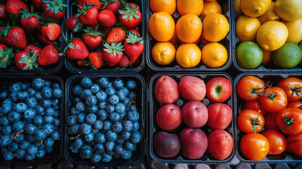 Variety of colorful fruits: strawberries, blueberries, oranges, lemons, limes, peaches, tomatoes.