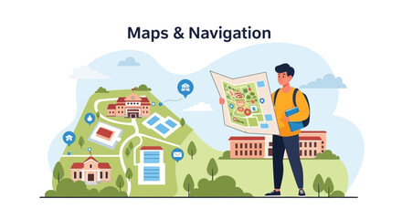 Student Navigating Campus With Map For Orientation And Exploring Location