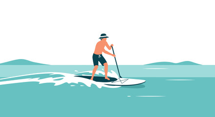 Stylish Paddleboarding Scene Man Enjoying Water Sport Activity On Summer Vacation
