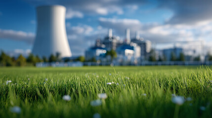 Fototapeta premium Cooling tower atop an industrial complex with bright green grass in the foreground, sunlight casting soft shadows, illustrating nature-friendly energy-saving solutions in construct