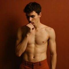 Fototapeta premium Young caucasian male posing against brown background: contemplative expression