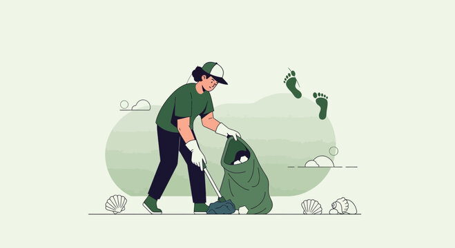Volunteer Clean Up Beach Environment From Garbage With Collector Tool