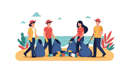 Volunteers Collaborating For Coastal Cleanup Initiative On Sunny Shoreline