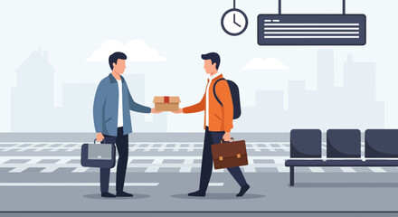 Passing Package At Train Station In The City Vector Illustration