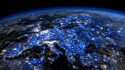 Digital Europe map with intense blue lighting highlighting urban centers, neon-blue arcs tracing communication lines between countries, creating a vivid representation of the digit