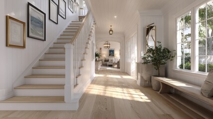 Obraz premium Beautiful bright interior hallway with white walls and natural wood floors bathed in sunlight