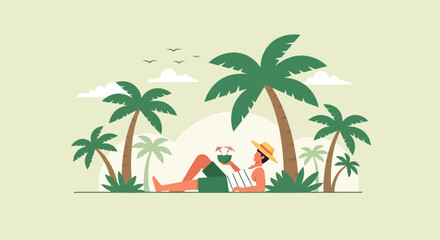 Obraz premium Relaxing Day In Tropical Paradise With Coconut Drink And Palm Trees