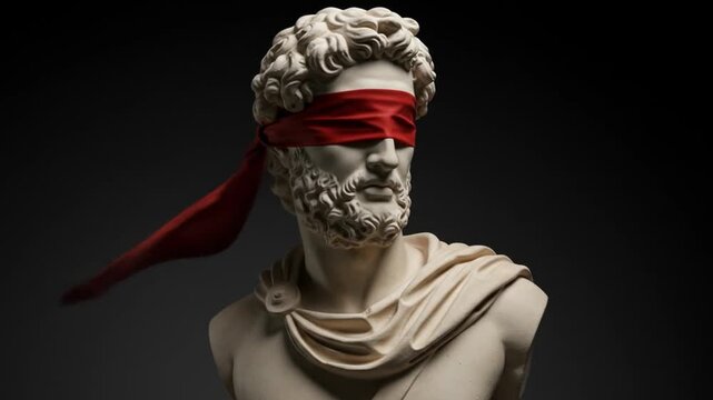 Statue of blindfolded man: This image captures a classical marble bust of a man with a red blindfold. The statue is meticulously detailed, rendered with remarkable precision.