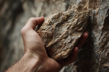 Hand holding a rough stone against a textured rock wall, showcasing the natural beauty and ruggedness of geological formations in a close-up perspective