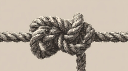 Tightly knotted rope loop hangs against a neutral backdrop, emphasizing texture and tension, struggle, detail. tied loop. Illustration