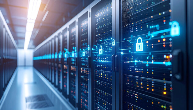 Cyber Fortress: A cutting-edge data center safeguards critical information, illuminated by a network of glowing security symbols, representing the powerful protection offered by advanced technology. 