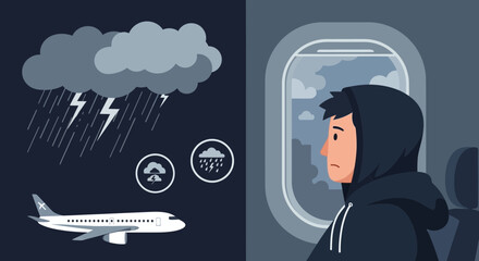 Worried Passenger Looks At Stormy Sky During Turbulent Flight Traveling