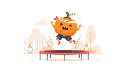 Whimsical Pumpkin Character Bouncing Joyfully On A Trampoline In Sunny Backyard