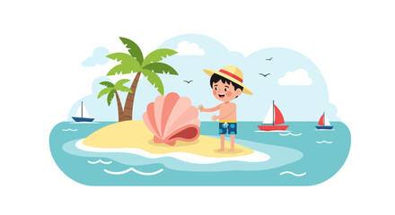 Fototapeta premium Young Boy Finds a Giant Seashell on an Idyllic Tropical Island
