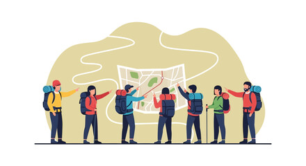 Teamwork Journey Navigating with Backpacking Adventure Group and Large Topographic Map