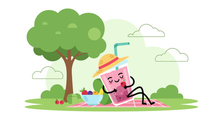 Fototapeta premium Relaxing Smoothie Character Enjoying Picnic Day Outdoors With Fruits And Summer Vibes