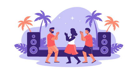 People Enjoying Tropical Beach Party With Palm Trees And Loud Sound System