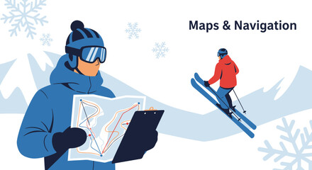 Fototapeta premium Winter Adventure: Skier Navigating Mountain Terrain With a Map and a Fellow Skier