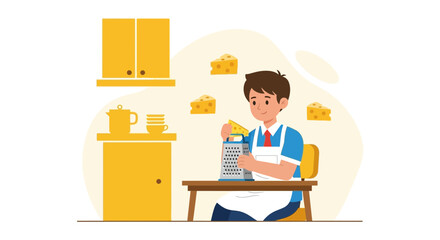 Young Man Happily Grating Cheese At Table In Bright Kitchen Illustration