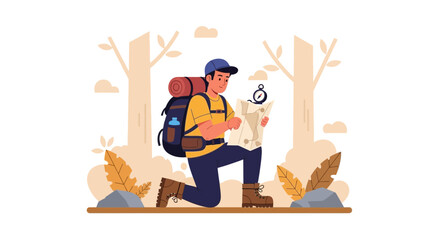 Young Man Reading A Map And Hiking In Forest Adventure Outdoors