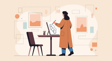 Fototapeta premium Woman Artist Working On Canvas In Studio With Abstract Interior Painting Designs