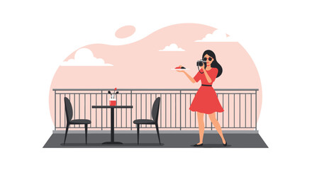 Young Woman Capturing Culinary Delights At Outdoor Terrace Restaurant