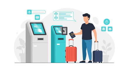 Traveler At Airport Self Service Check In Kiosk With Baggage And Passport