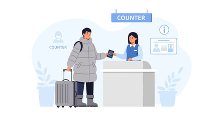 Traveler Checking In At Airport Counter With Passport And Luggage