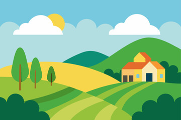 Obraz premium Flat design rural landscape with farmhouse and rolling hills
