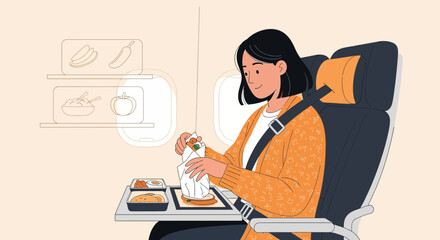Young Woman Enjoying Meal During Air Travel Inside Airplane Cabin Vector Illustration