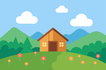 Fototapeta premium Cozy cabin in a blooming meadow with mountains and clouds