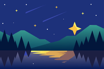 Serene night sky over mountains and reflecting lake