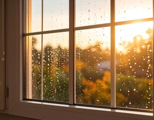 Rain on window at sunset