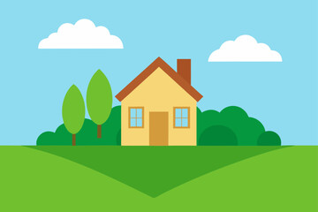 Charming yellow house in a green landscape with trees and clouds