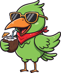 Green cartoon parrot with sunglasses drinking coconut cocktail vector illustration summer vacation fun 