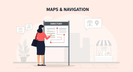 Woman Consulting Directory For Shops In Modern Urban Setting Seeking Local Businesses
