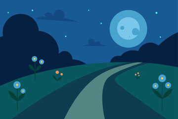 Fototapeta premium Peaceful night landscape with moon and flowers