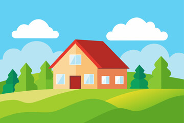 Naklejka premium Cozy house in a green landscape under a blue sky