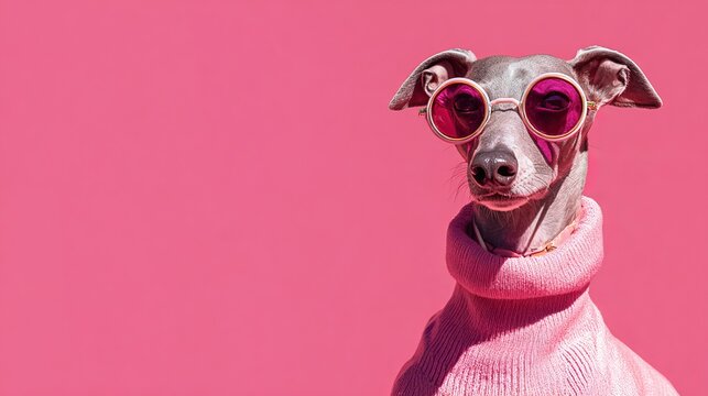 Grey Whippet dog wearing trendy pink sunglasses and turtleneck sweater against bright pink background, studio shot